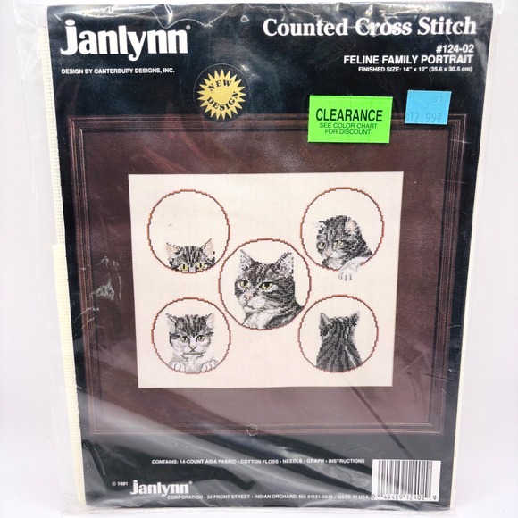 Vintage 1991 Janlynn Counted Cross Stitch Feline Family Portraits #124-02 NOS - Picture 2 of 4